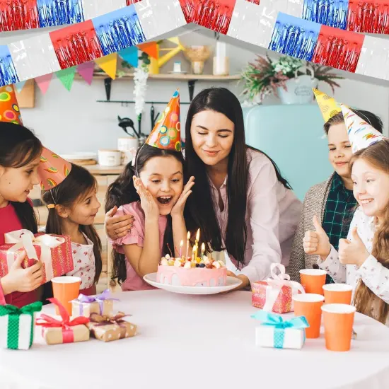 4P Metallic Foil Fringe Banner Tinsel Table Skirts for Rectangle Tables Backdrop Banner Garland Curtains for Parade Floats Wedding Graduation Anniversary Birthday Parties Decoration(White Blue Red) {3}