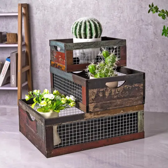Set of 3 Rustic Wood Nesting Crates, Farmhouse Distressed Wooden Storage Boxes, Decorative Reclaimed Wood Organizer Baskets with Wire Mesh {2}