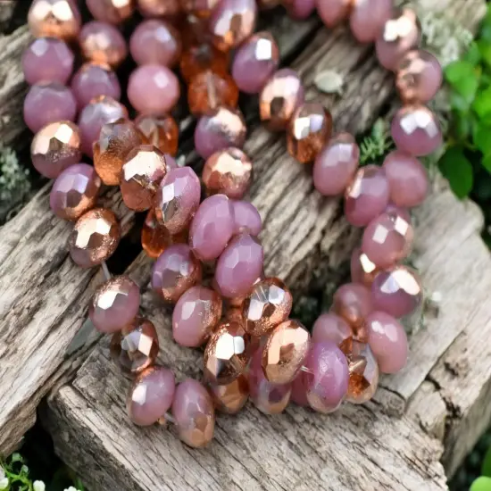*25* 6x8mm Copper Washed Etched Pink Opal Fire Polished rondelle Beads {3}