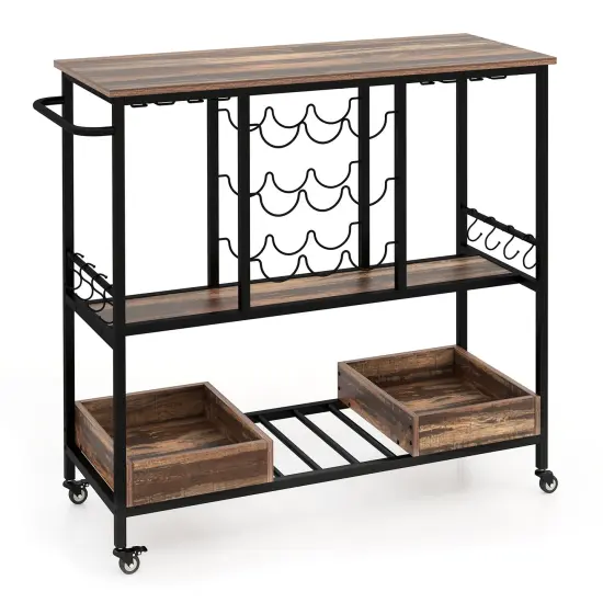 3 Tiers Bar Cart on Wheels with Glass Racks Brown {7}
