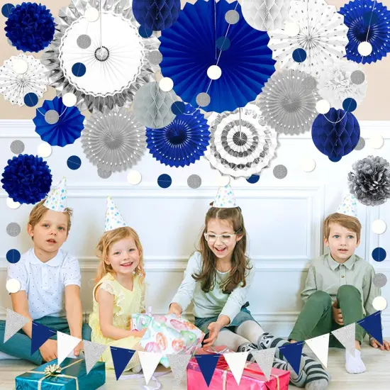 Navy Blue and Sliver Paper Fan Party Decoration {5}