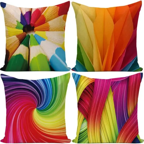 18 x 18 inches Rainbow Colorful Cushion Covers Abstract Crayon Throw Pillow Case Cover Set of 4 (Colorful) for Sofa Car Cousion Bed {1}