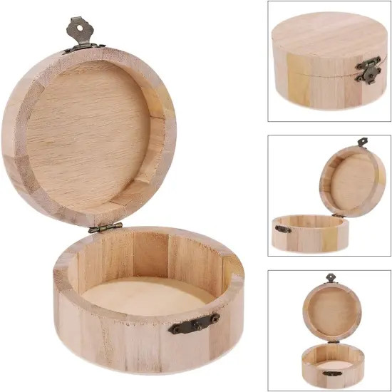 Earring Organizer 2PCS Unfinished Wooden Ring Box DIY Jewelry Organizer Wood Box with Hinged Lid Front Clasp Small Trinket Box Container for Home Shop Round Photo Storage Box {4}