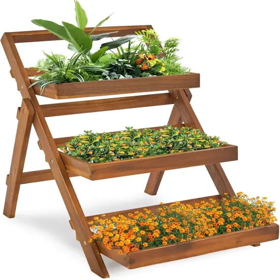 3-Tier Foldable Acacia Wood Plant Stand Display Rack {1}
