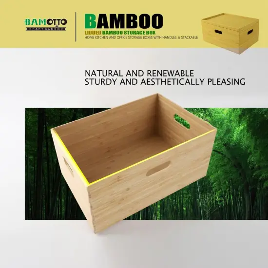 Lidded Bamboo Storage Bins & Box/Cube/Basket, Home Kitchen and Office Storage Boxes with Handles & Stackable for Organizer Tableware, Clothing, Toys, Office Shelf Books, 14.6&rdquo;x10.2&rdquo;x6.5&rdquo; {3}