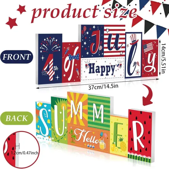 Summer Wooden Table Sign Double Sided Hello Summer and Happy 4th of July Tabletop Sign Hawaii Wood Block Memorial Day patriotic Tiered Tray Decor for Office Home indoor Shelf Centerpiece {2}