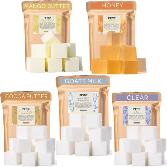 Pifito Pre-Cut Melt and Pour Soap Base Sampler (5 lbs) │ Cut-Up Pieces of Soap Base (1lb ea) │ Goats Milk, Honey, Clear, Cocoa Butter, Mango Butter │ Glycerin Soap Making Supplies Kit {1}