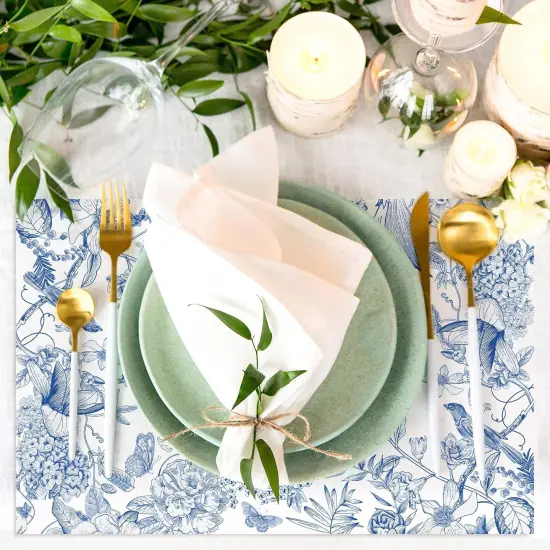 50 Pack Flower Bird Paper Place Mats Blue White Hydrangea Branches Disposable Placemat {3}