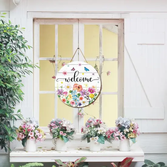 Spring Flower Welcome Door Sign Wildflower Wooden Hanging Sign Floral Butterfly Door Hanger Sign for Spring Indoor Outdoor Farmhouse Home Porch Window Decor {5}