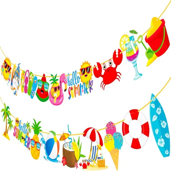2pcs Summer Beach Pool Party Banners Hello Summer Party Decorations Beach Pool Theme Birthday Banner Decorations for Hawaii Party Baby Shower Supplies {2}