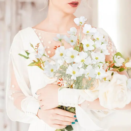 Summer Daisy Flowers Artificial White Cosmos Tabletop Decor Silk Flowers 5PCS Fake Wildflowers Artificial Daisies Faux Flowers for Living Room Decor Wedding Bouquets for Bride (White) {4}