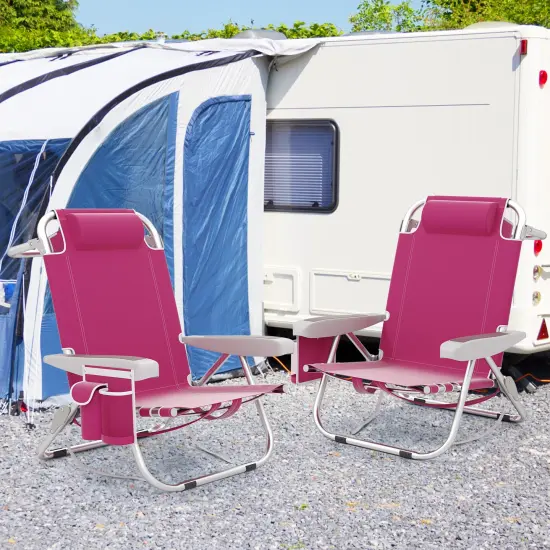 Aluminum Reclining Beach Chairs with Storage Set of 2 Pink {2}