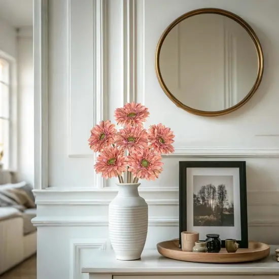 Summer Gerbera Daisy Flowers Artificial Stems 6PCS Realistic Faux Daisy Flower for Tabletop Decor ,Home Decor Indoor Tables Bathroom Vase, DarkSalmon {4}