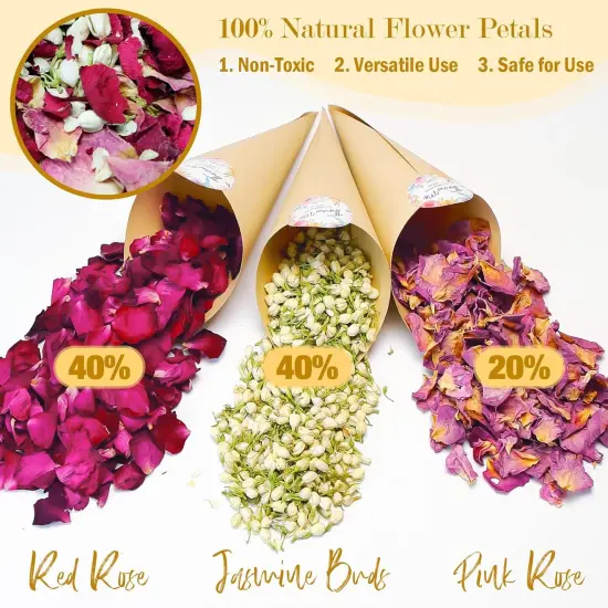 20+ Cups Mix Real Rose Petals Biodegradable Wedding Confetti, 2 QT of Pink Red Flower Jasmine for Ctaft Proposal Party Decor Flower Girls, Bath salt Candle Soap Making {2}