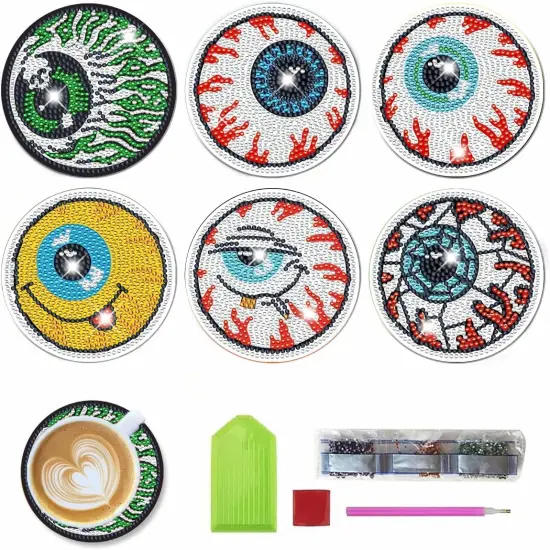 6 Pcs DIY Diamond Art Painting Big Eyes Coasters with Holder, Evil Eyes Coasters Diamond Art Kits for Adults Beginners. Diamond Craft Supplies Coasters for Drinks {1}