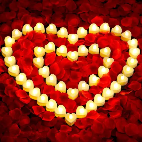 Rose Petals and Candles Set for Romantic Decorations, 48 Romantic Candles with 4000 Fake Rose Petals for Special Night, Hotel Room, Date Night, Bedroom, Valentine's Day Decorations {1}