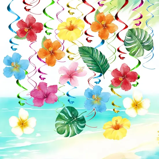Hawaiian Luau Birthday Hanging Swirl Decorations 30 Pieces Flower Tropical Palm Foil Ceiling Decor for Floral Summer Beach Pool Party Supplies {1}