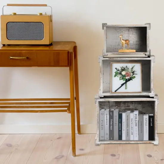 3 Pack Wood Crates with Handles, Rustic Nesting Storage Container Box Decorative Wooden Basket Bins for Fruit, Vegetable, Home, Laundry, Farmhouse, 3 Sizes {3}