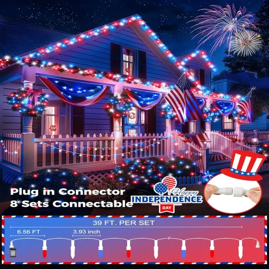 Red White Blue LED Mini Lights, 39Feet 100 LED 4th of July Decor String Lights with 8 Lighting Modes, Connectable Independence Day Lights for Wreath Indoor Outdoor Memorial Day Decoration, White Wire {1}