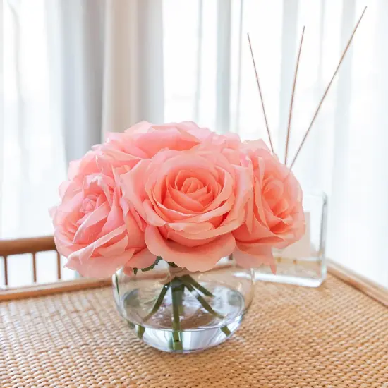 7 PCS Pink Rose Artificial Flowers with Vase Silk Fake Flowers Arrangements in Glass Vase with Faux Water {3}