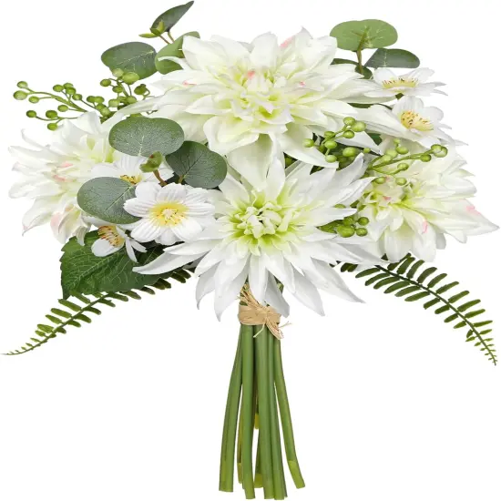 Summer Artificial Dahlia Flowers 14.1" &ndash; Realistic White Silk Dahlias & Daisies &ndash; Faux Floral Arrangement for Vase, Tabletop Decor, Wedding, DIY Bridal Bouquet, Party & Home D&eacute;cor {1}