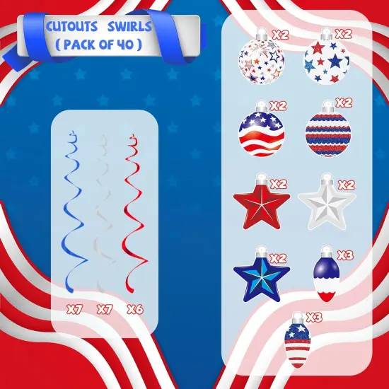 48 PCS 4th of July Hangings Swirl Decorations, Independence Day Patriotic Party Supplies, No DIY Ceiling Streamers Decor for Holiday Birthday Wedding Veteran Day Tree Red White Blue Decorations {3}