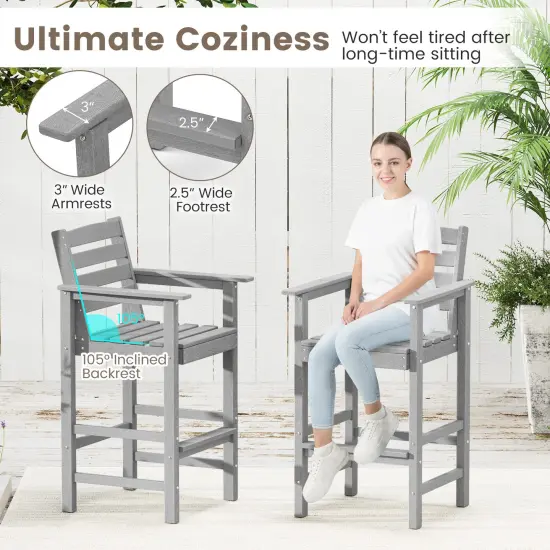Set of 2 Patio HDPE Adirondack Bar Chairs with Wide Armrests and Inclined Backrest Perfect for Outdoor Use Grey {5}