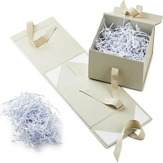 Medium Gift Boxes with Bow and Shredded Paper Fill, Pack of 2 (Antique White 8 inch Box) for Weddings, Bridal Showers, Graduations, Birthdays, Bridesmaids Gifts, All Occasion {4}