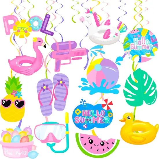 Pool Party Hanging Swirls 20Pcs Summer Beach Pool Birthday Party Decorations Summer Ceiling Hanging Decorations for Hello Summer Party Beach Party Luau Hawaii Party Summer Party Supplies {1}