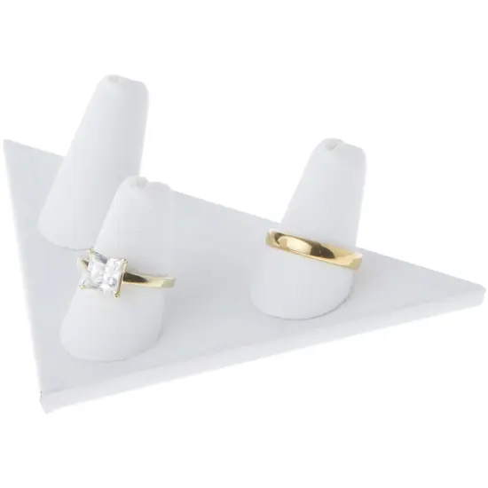 Plymor White Faux Leather Ring Finger Display, Three on Triangular Base, 5" W x 3.25" D x 1.625" H {3}