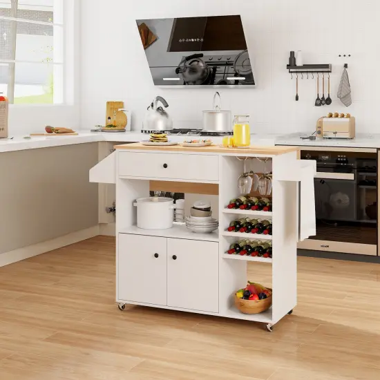 Kitchen Drop Leaf Island Cart with Power Outlets and Wine Rack Storage Shelves Locking Wheels White {2}
