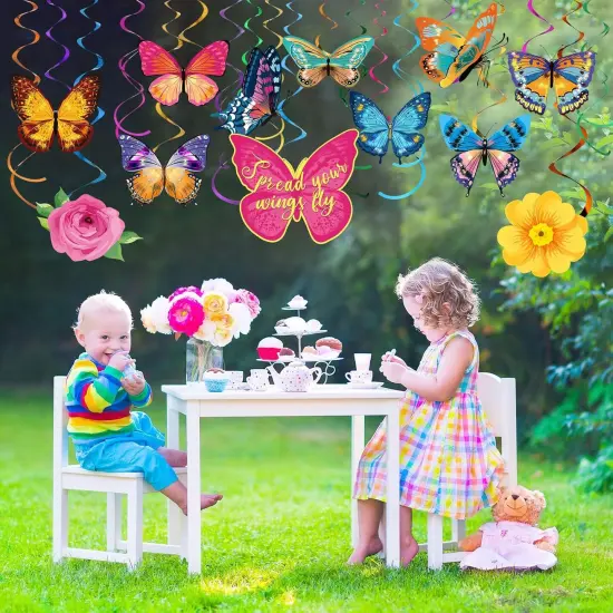 30 Pcs Butterfly Flowers Hanging Swirl Decorations Summer Butterfly Floral Baby Shower Foil Ceiling Streamers for Women Girl Kids Wedding Birthday Mother's Day 1st Birthday Party Supplies (Elegant) {5}
