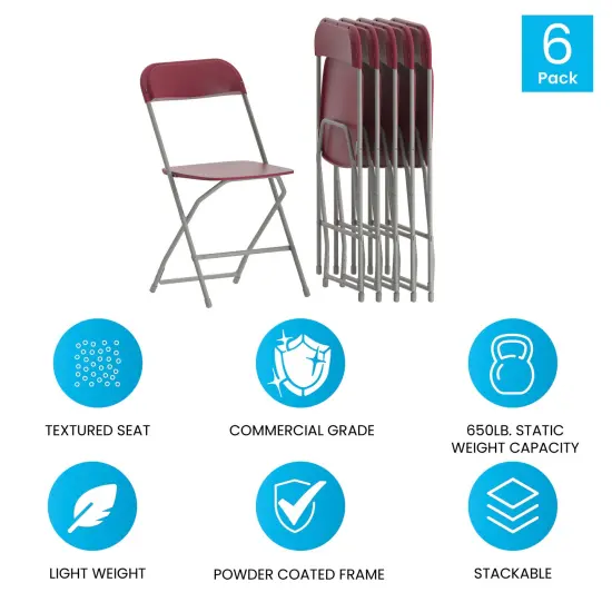 Emma and Oliver Set of 6 Stackable Folding Plastic Chairs - 650 LB Weight Capacity Red {5}