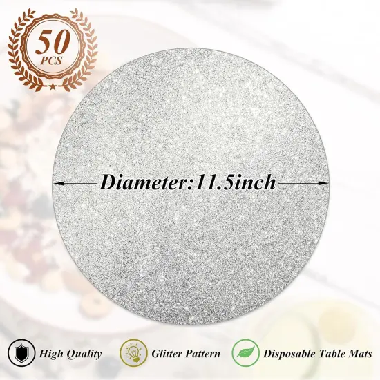 50 Pieces Silver Glitter Paper Place Mats Sparkle Round Disposable Table Mats Silver Sequin Doilies Decorative Placemats for Wedding Banquet Party Home Dining Tableware {2}