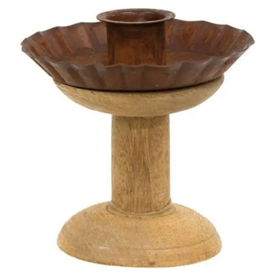 Brown Wooden Spool Taper Candle Holder and Rustic Metal Fluted Pan {1}