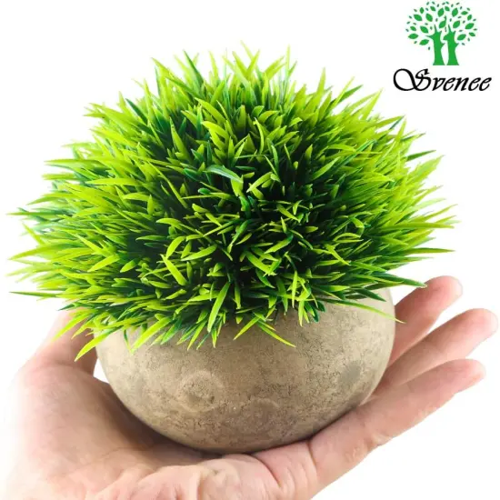 Mini Artificial Plants, Plastic Fake Green Grass Faux Greenery Topiary Shrubs with Grey Pots for Bathroom Home Office D&eacute;cor, House Decorations (2) {3}