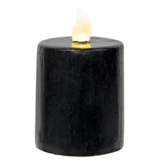 Glossy Black Battery Operated Pillar Candle &ndash; 4" with Realistic Flame and 6-Hour Timer {1}