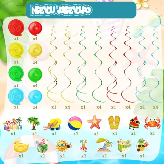 35Pcs Summer Pool Beach Hanging Swirl Decor, Hello Summer Beach Party Decorations Summer Themed Hawaiian Luau Party Swirls Streamers Ceiling Supplies for Boys Girls Kids Baby Shower Decorations {3}