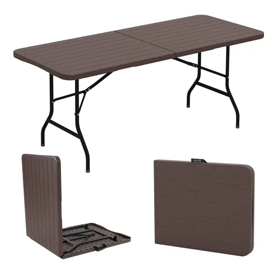 6 Feet Wood Grain HDPE Folding Table with Safety Lock and Metal Legs Perfect for Outdoor Use Grey {8}