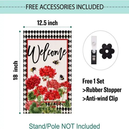 Summer Geranium Welcome Garden Flag Double Sided Summer Bee Red Floral Buffalo Plaid Small Burlap Yard Flag House Seasonal Farmhouse Outside Outdoor Decoration 12.5 x 18 Inch {4}