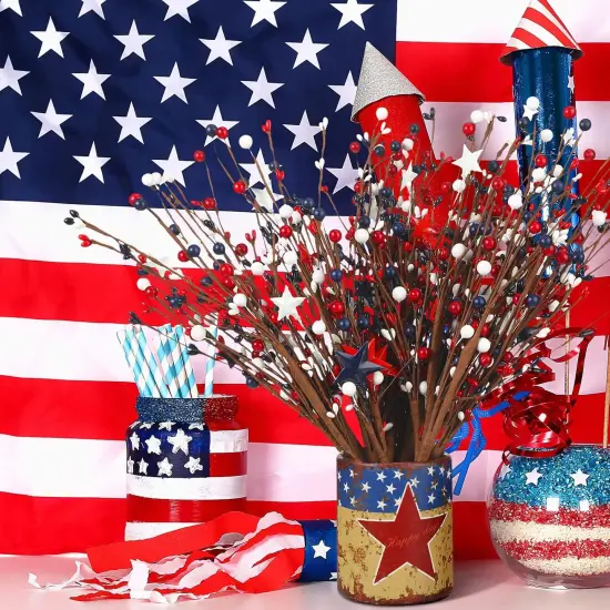 12 Pcs 4th of July Decorations Patriotic Artificial Berry Stem Picks 15.75 Inch Independence Day Decor with White Blue Red Stars Pentagram Faux Berry Branches {2}