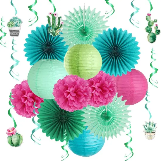 Summer Party Decoration Hanging Cactus Swirls Paper Lanterns Paper Fans kit for Hawaiian Luau Party Tropical Party Baby Shower Birthday Party Supplies {1}