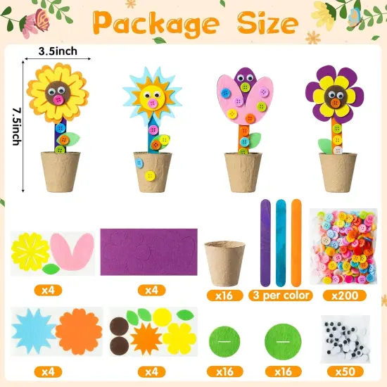 Mother's Day Spring Felt Flower Craft Kits - 16 Pack Make Your Standing Flowers Gift Crafts with Buttons Flower Pot Decor {2}