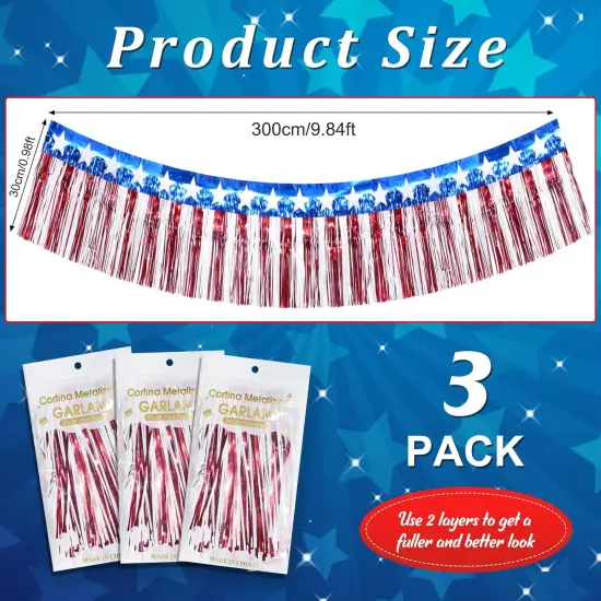3 Pack&times;10ft American Stars and Stripes Flag Banner 4th of July Red White and Blue Fringe Banner for Independent Day Memorial Day Veterans Day Patriotic Party Indoor Outdoor Hanging Decorations {2}