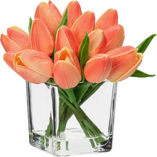 Artificial Peach Tulips in Vase with Faux Water 5.5" Real Touch Flowers Fake Tulips Small Flowers Arrangement in Cube Glass Vase {1}