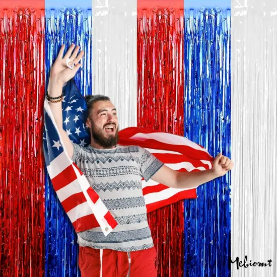 4 Pack 3.2Ft x 8.2Ft Independence Day Fringe Curtain Backdrop, Red Blue White Metallic Tinsel Foil Fringe Streamers Curtains Background for Photo Booth Birthday Wedding Carnival Party Decorations {5}