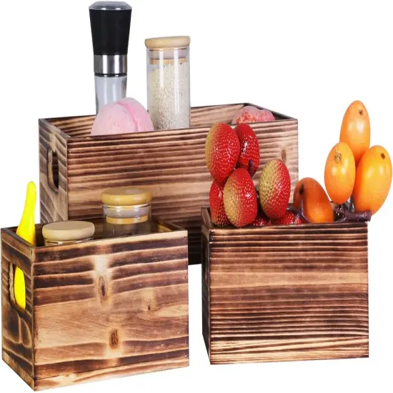 Wooden Crate Stackable Decorative Wood Crates set of 3 for Storage Display Rustic Nesting Box Basket Home Decoration Boxes Container Bin with Handles Farmhouse Decor,Solid Pine,L+M+S {2}