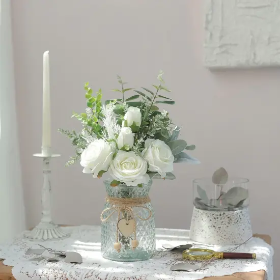 Faux Flowers with Vase,Artificial Silk Roses in Vase, Fake Plant Eucalyptus Flower Arrangement {4}