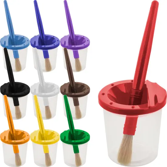 10 Piece Children's No Spill Paint Cups with Colored Lids and 10 Piece Large Round Brush Set with Plastic Handles {1}