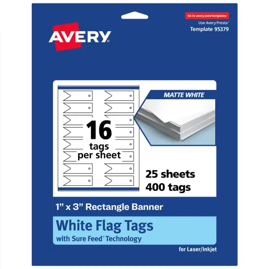Avery Printable Banner Rectangle Flag Tags, Sure Feed Technology, 1" x 3", Matte White Cardstock, Print-to-The-Edge, Laser/Inkjet Printable, 400 Total {1}